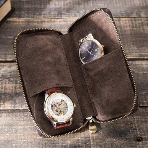 Double Watch Case Bag Holder Vintage Cow Leather Zipper Travel Watch Display Storage Box Case Pouch Organizer 8.5x3x15cm