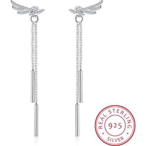 Elegant Fashion 925 Sterling Silver Crystal Angel Wings Long Tassel Box Chian Stud Earrings For Women brincos S-E223