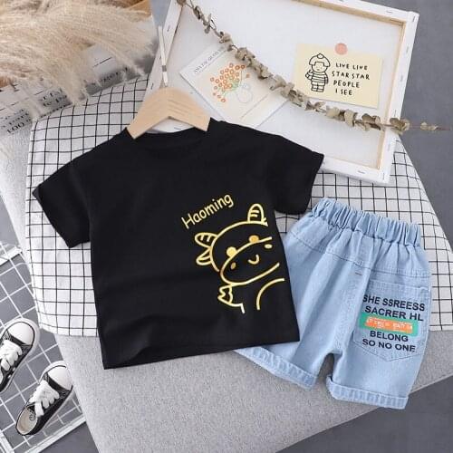 New Hot Sale Baby Boys Clothes Cartoon Print Childrens Clothing T-Shirt+Soft Denim Shorts 2 Pcs Kids Family Clothing Sets 1-5 Y