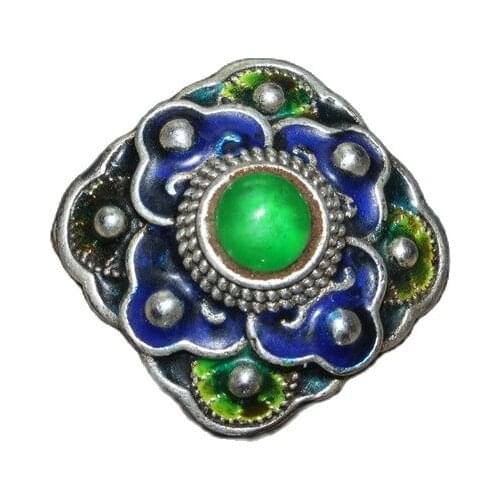 China Old Tibetan Silver Jade Inlaid Square Flower Tibetan Silver Ring