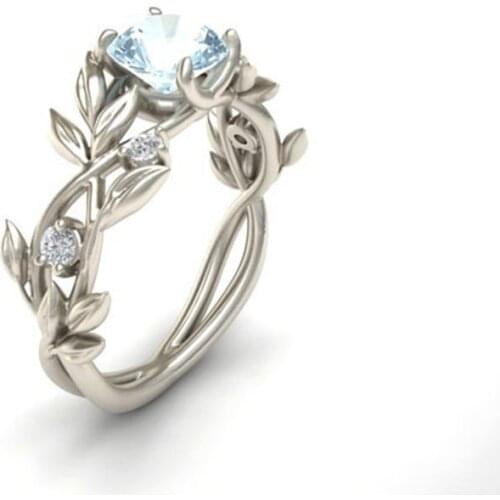 Flower branch Crystal Leaf Blue Rhinestone Flower Ring for Women Ladies Girls Silver Color Finger Bague 6 7 8 9 10 11 USA Size