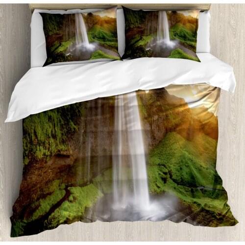 Iceland Duvet Cover Set Dramatic Illustration of Seljalandsfoss Waterfalls 3 Piece Bedding Set Olive Green Dark Brown