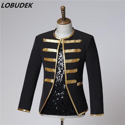 Vintage England Style Court Jacket O-neck Black Button Decoration Slim Coat Bar Nightclub Stage Male Singer Dancer DS Costume