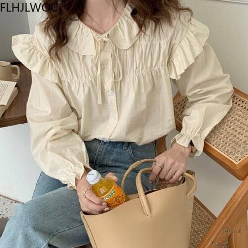 Cute Sweet Ruffles Bow Tops Blusas Women Girls Preppy Style Japan Design Loose Single Breasted Button Cotton Shirts