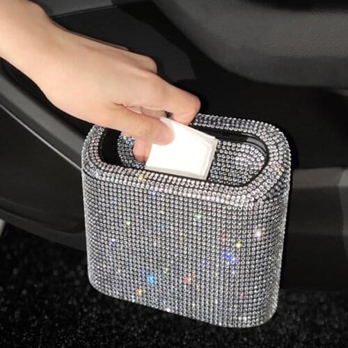 Diamond Crystal Car Trash Can Bin with Lid Leakproof Mini Vehicle Trash Bin Glitter Garbage Dustbin Organizer Container Bag