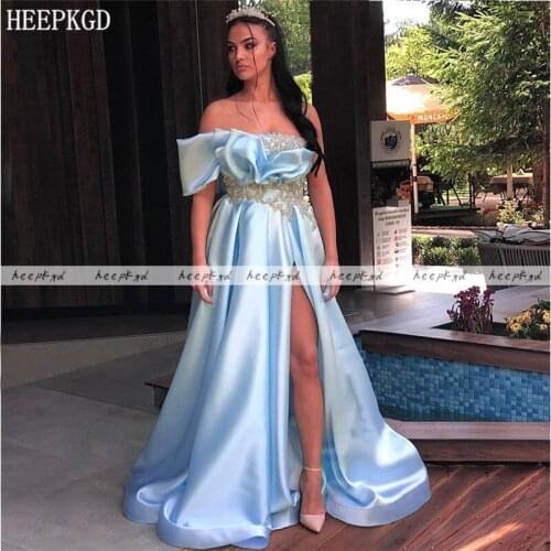 Mint Blue One Shoulder Sexy Saudi Arabic Evening Dress High Slit Chic Beads Satin Plus Size Pageant Dresses Long Formal Gowns