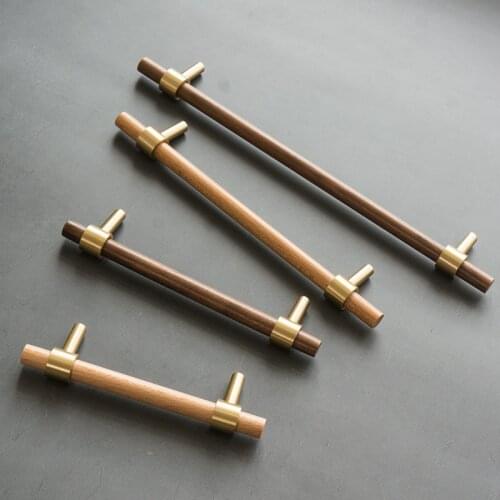 Natural wood+brass T bar Door Handles American style Furniture Wooden Handle Drawer Pulls Kitchen Cabinet Knobs and Handles