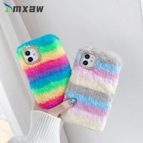 Luxury Diamond Plush Rainbow Phone Case For Samsung Galaxy S21 S20 Note 20 Ultra Plus 10 S10 Lite S9 S8 Plus S7 Edge soft Cover