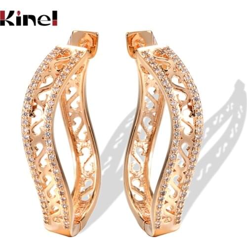Kinel New Unique Wave Big Circle Drop Earrings Women Fashion Jewelry 585 Rose Gold Micro Wax Inlay Natural Zircon Long Earrings