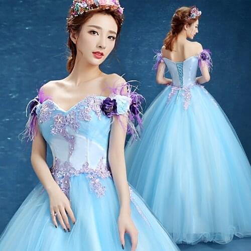 Light blue flower feather slash collar gown Medieval dress Renaissance gown Sissi princess dress Victorian /Marie Belle Ball