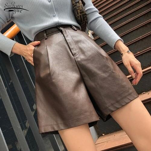 2021 High Street Leather Short Pants Women High Waist Wide-legged PU Female Pants Autumn Winter Women Pants Pantalon Femme 12976
