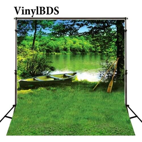 VinylBDS Nature Green Water Landscape Backdrop Spring Scenery Baby Photography Background Wood Boat Children Backdrop for Studio