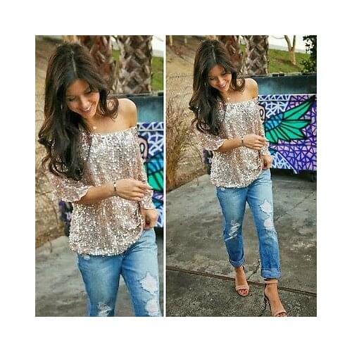 Women Blouses New Arrival Fashion 2017 Spring Sexy Style Off Should Long Sleeve Sequin Shiny Ladies Shirt Gold blouse Top Formal