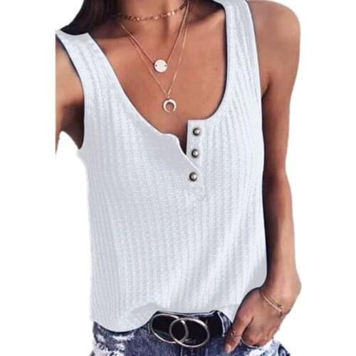 Women Summer Sexy Snap Button Up U-Shaped Neck Tank Top Waffle Knit Solid Color Casual Loose Vest Sleeveless Shirts