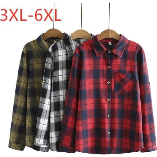 New 2021 Ladies Autumn Winter Plus Size Tops For Women Large Long Sleeve Loose Cotton Red Plaid Pocket Shirt 3XL 4XL 5XL 6XL