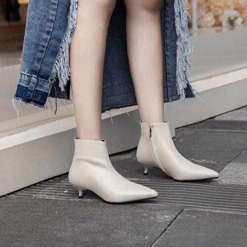 COOTELILI Women Ankle Boots 3.5cm Heel Pointed Toe Black Beige Basic Zip 2020 New Fashion Shoes For Woman Botas Mujer 34-39