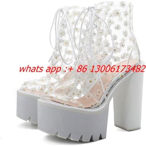 Summer Daisy print chunky high heel women PVC boots Daisy platform lace up ankle boots Daisy woman boots