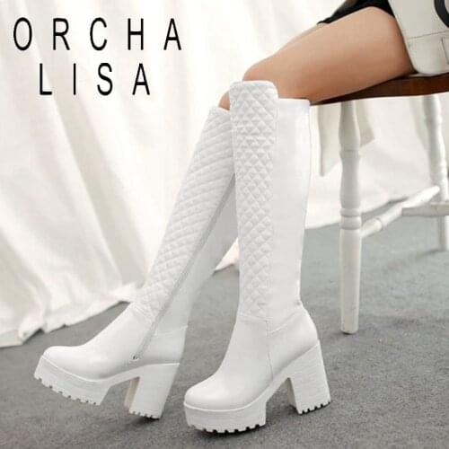 2021 Winter zipper Knee High Boots Women Fashion White Square Heel Long Boots Woman Leather Shoes Warm Large Size 34-43