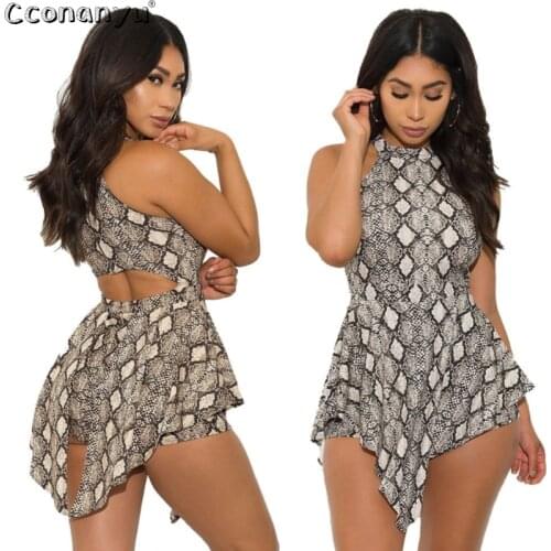 Women Print Jumpsuit 2019 Sleeveless Slim Hater Backless Hollow out Floral Asymmetric Short Jumpsuit