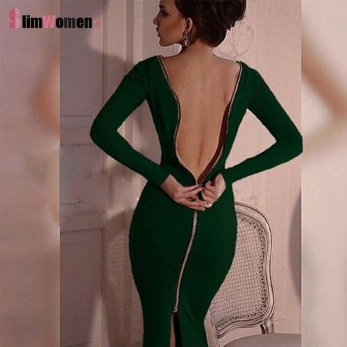 Women Elegant Business Office Lady Bodycon Dress Round Neck Long Sleeve Open Back Zipper Dress Female Midi Party Robe Plus Size