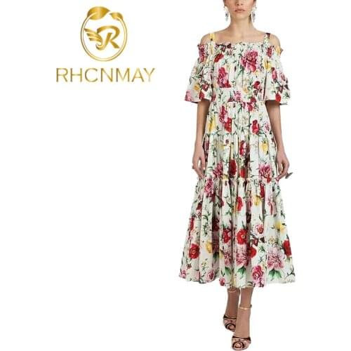 Newest 2020 Summer Holiday Dress Runway Womens Rose Print Spaghetti Strap Sexy Slash Neck Elastic Waist Long Dresses