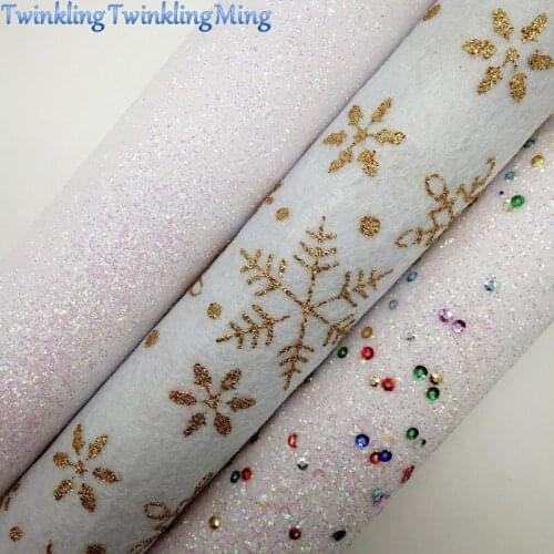 WHITE Glitter Fabric, Snowflake Felt Fabric Sheets For Bow A4 21x29CM Twinkling Ming XM956