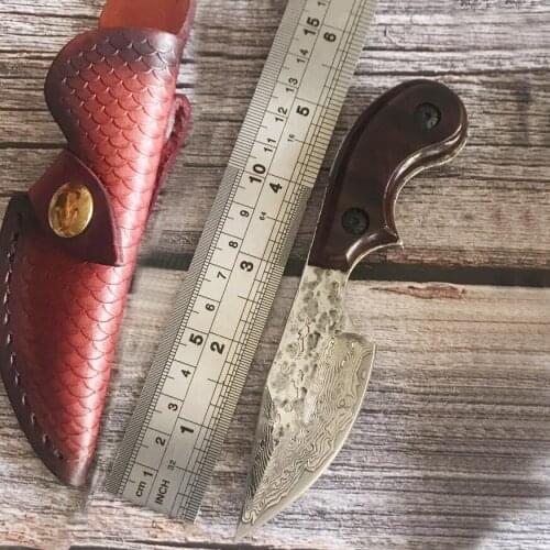Free shipping The sharp Damascus steel Hunting tea knife Camping Survival Knife Fixed Blade Tactical Knife wood handle