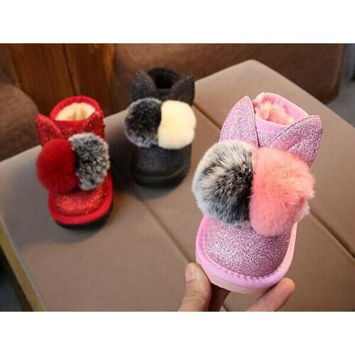 Little Girls Boots Bunny Pom Poms Glitter Ankle Boot Faux Fur Pink Red Black Animal Boots 2019 New Warm Snow Boots SandQ Baby