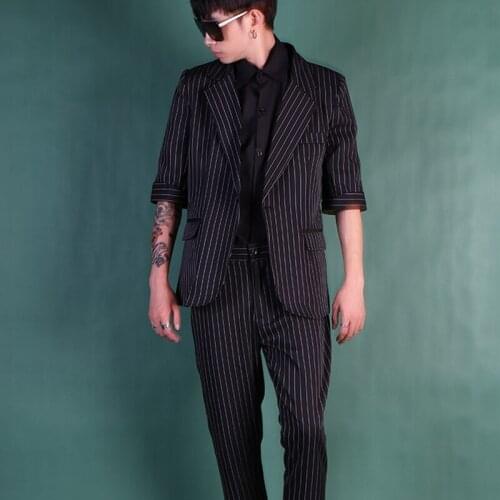 Hot New Plus Size Pinstripe Mid-sleeve Suit Korean Slim Tide Suits Business Casual Blazers Jacket Hair Stylist Nightclub Dress