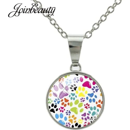 JOINBEAUTY Lovely Cat Paw Print Pattern Necklaces Glass Cabochon Pendant DIY Snap Button Necklace Fashion Women Jewelry NT313