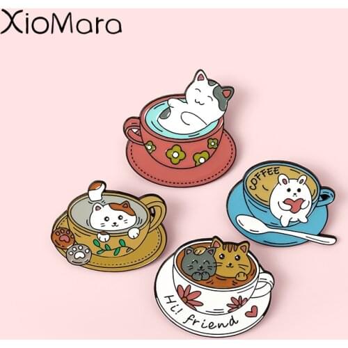 Coffee Cup Cat Enamel Pins Afternoon Time With Friends Brooches Lapel Badges Wholesale Cartoon Pin Fashion Jewelry Gifts