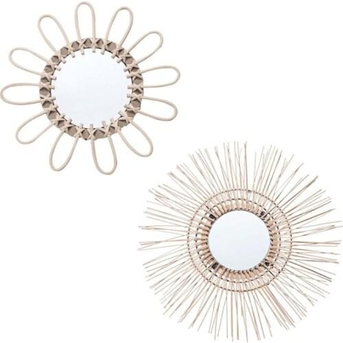 Round Shape Decorative Mirror Rattan Innovative Art Decoration Makeup Mirrors