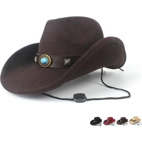2019 Breezer Hat Women Men Wool Hollow Western Cowboy Hat Roll-up Brim Gentleman Outblack Sombrero Hombre Jazz Cap Wind Rope