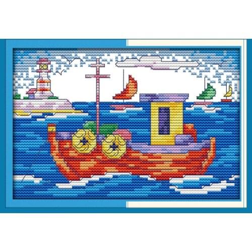 Boat cross stitch kit flowers 14ct 11ct count printed canvas stitching embroidery DIY handmade needlework plus