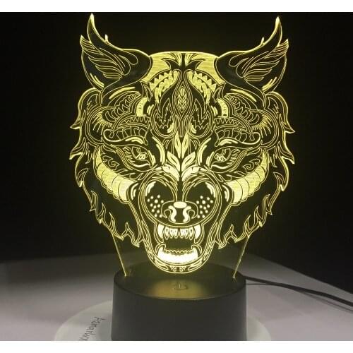 Novelty 3D Illusion Animal Wolf Face LED Light Colorful Table lamp as Bedroom Nightlights for Children Birthday Gifts USB Cable