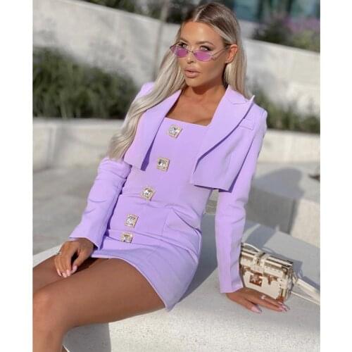 2020 Autumn New Woman Blazer Purple Black Female Knee Length Dress Elegant Shinny Button Full Sleeves Laydies Celebrity Night