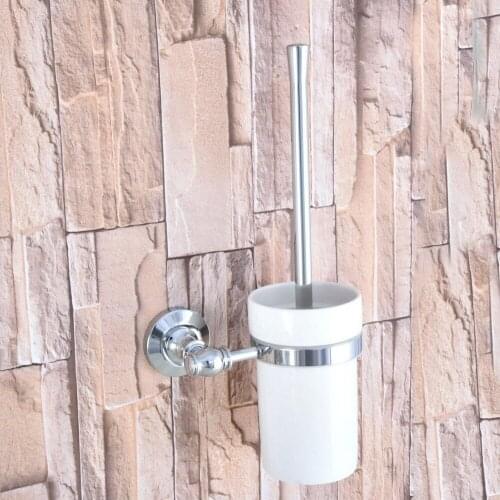 Polished Chrome Brass Wall Mounted Toilet Brush & Holder Set White Brush Ceramic Cup Bathroom Accessory aba795
