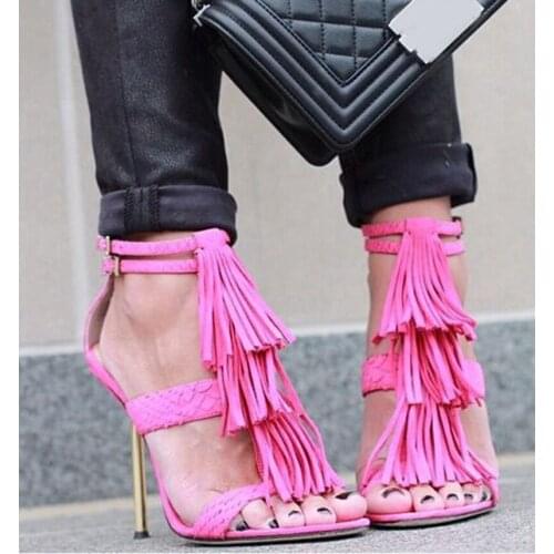 Sestito Ladies Sweety Pink Tassel Ankle Strap Sandals Female Cover Heels Open Toe Dress Wedding Shoes Woman Buckle Strap Shoes