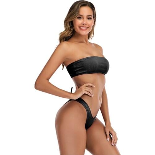 Sexy2 Piece Set Women 2021 New Female Swimsuit Beach Sexy Low Waist Solid Color Printing Drain Back Suite BandeauSwimsuit Bikini