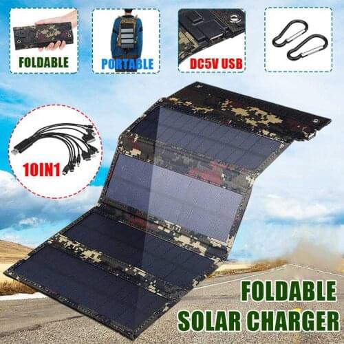 Foldable Solar Panel 50W 5V Sun Power Solar Cells Bank Pack USB 10in1 USB Cable Waterproof for Camping Hiking Phone Backpack