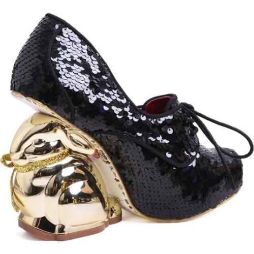 Girls Gold Rabbit Heels Strange Style Pumps Woman Black Pink Blue Round Toe Flower Sequins Mary Jane Lace Up Wedding Shoes