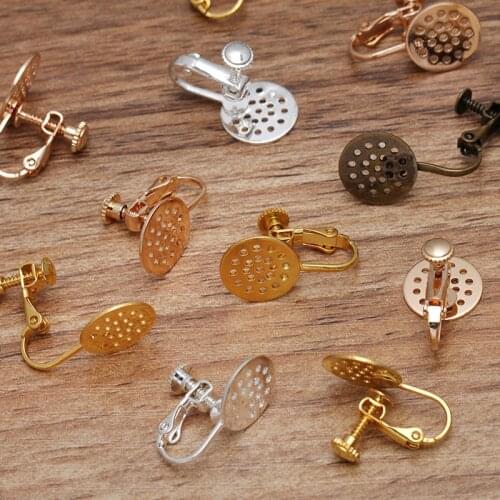 20pcs 12mm Flat Cabochon Base Ear Clip Silver Color Screw Ear Clip,Ear Plug Copper Earrings Base Setting For Jewelry Making