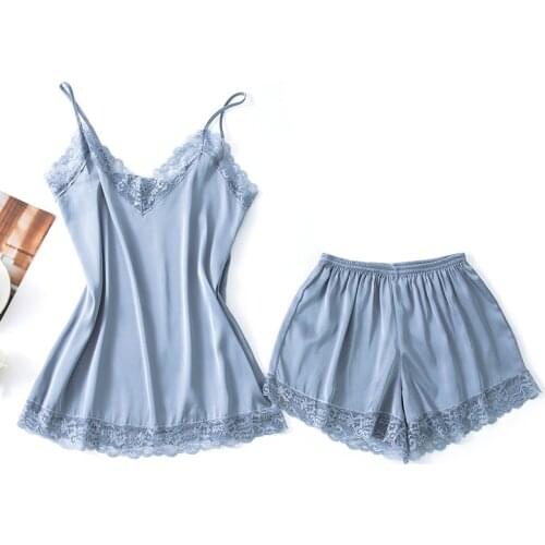 Sleepwear Women Pajamas Suit Sexy Sleeveless Sleepwear V-Neck Home Clothes Summer Satin Cami&Shorts Set Pyjamas Pour Femme