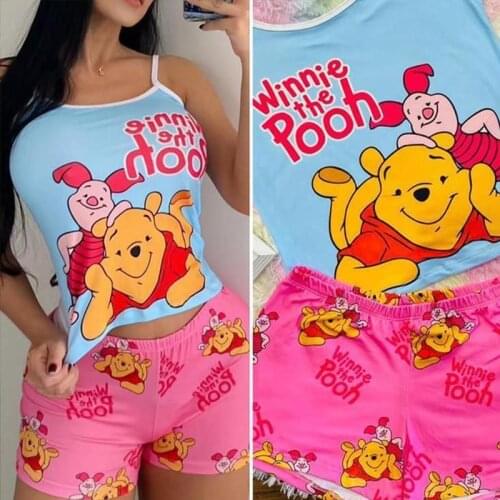 Disney Pooh Stitch Cartoon Sling Sexy Suit 2021 New Fashion Cute Printed Sexy Sling Shorts Two piece Women Suit