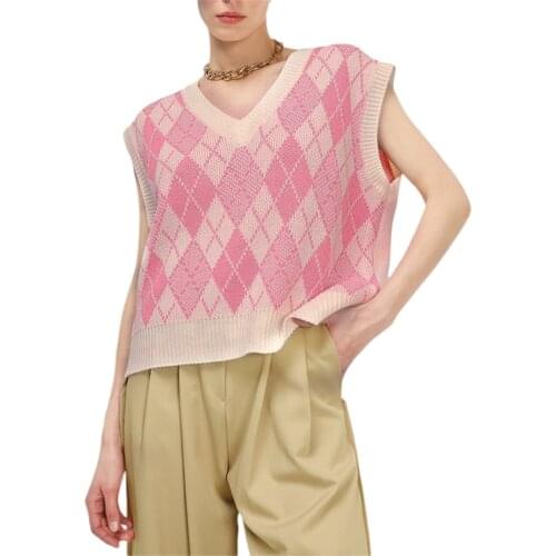 2021 New Women Casual V-neck Knitted Vest Fashion Contrast Color Diamond Slim Fit Sleeveless Tops