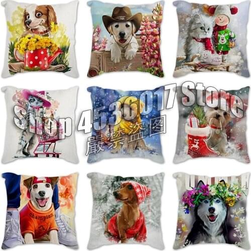Winter Cat and dog Decorative Pillowcases Cotton Linen Pillow Case Flowers Pillow Cover Home Decoration For Sofa Car Cojines