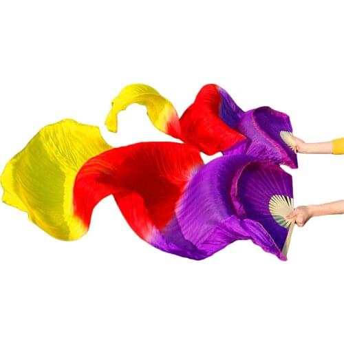 High Selling 100% Real Silk Veils 1 Pair Handmade Silk Belly Dance Performance Long Fans Dance Props Purple+Red+Yellow 180*90 cm