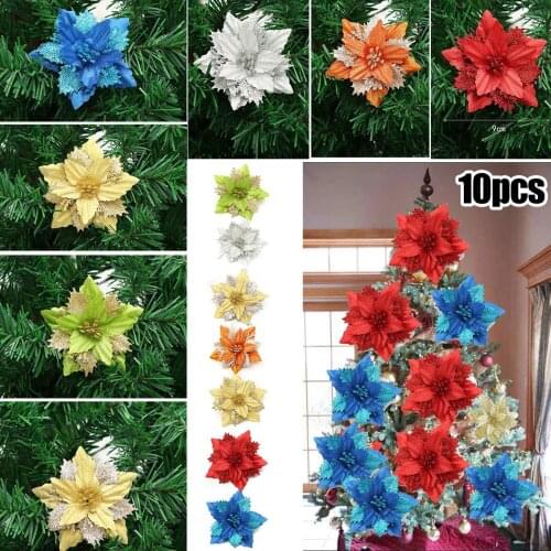 10pcs Christmas New Year Poinsettia Glitter Flower Tree Hanging 2021 Artificial Flowers Party Xmas Tree Ornament Home Decor