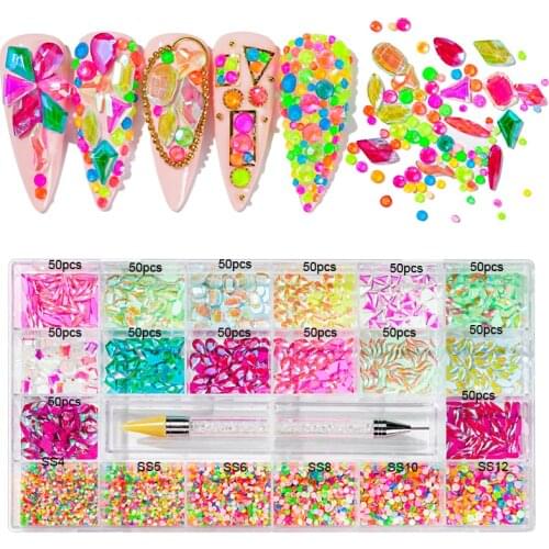 Nail Art Rhinestones 14X50+1440X6 Pink AB Mocha Shaped Crystal Glass Rhinestone Box For Nails White Stones Nail Rhinestones ,441