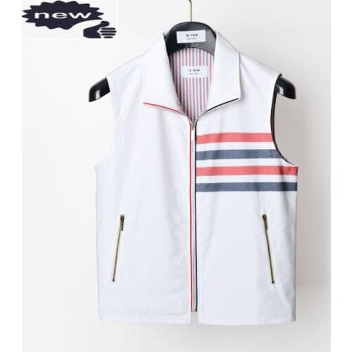 2021 Fashion TB THOM Brand Spring Autumn Vest Striped White Cotton Casual Jacket Men Slim Turn Down Collar Coat Sleeveless